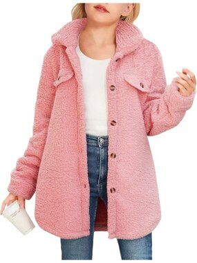 Kids Girl's Pink Polyester Casual Button Down Sherpa Faux Fur Fleece Jacket
